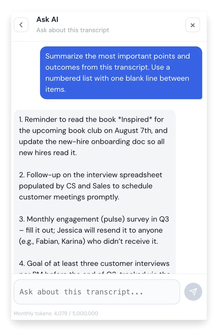 Ask AI chat panel for transcript questions