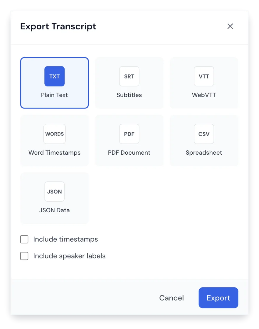 Transcript export format options