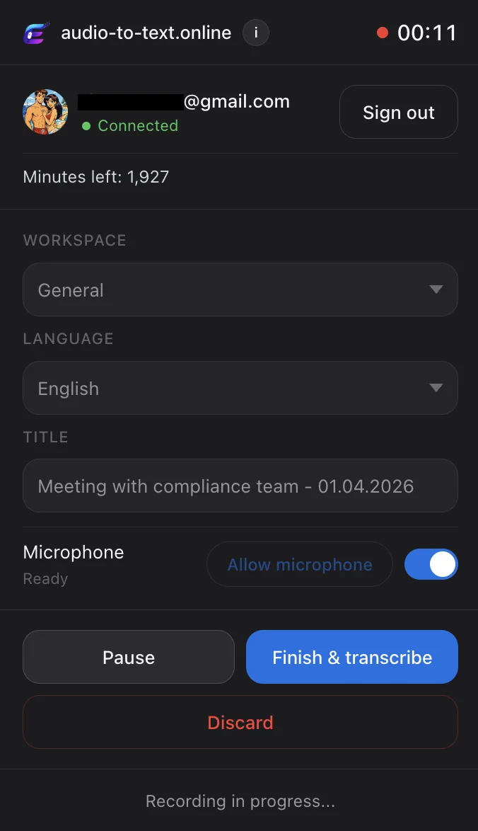 Browser extension recording panel