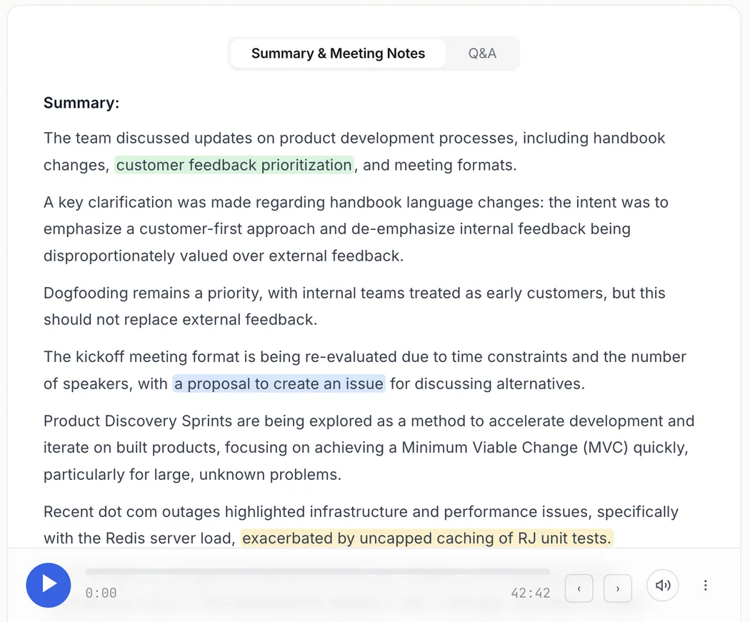 AI summary and meeting notes inside the transcript page