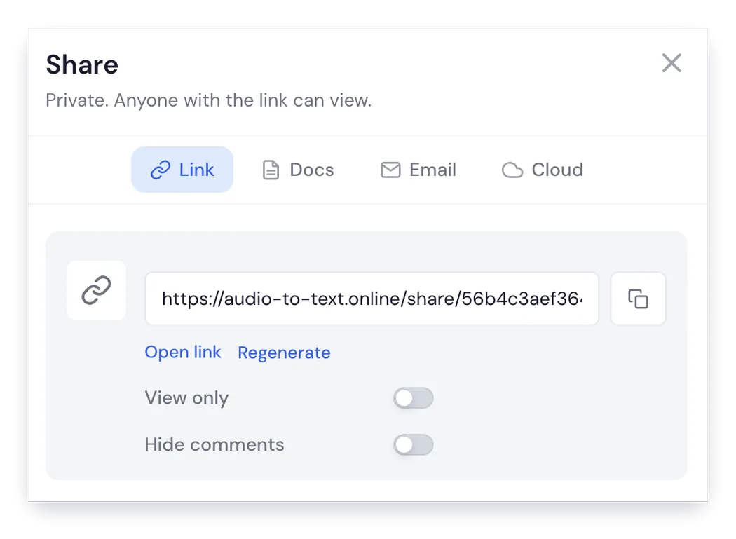 Transcript URL sharing modal